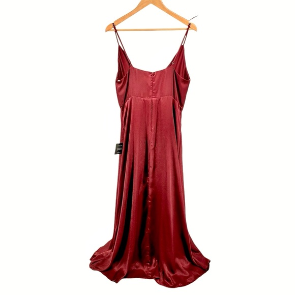 Lulus NWT Constantine Burgundy Satin Maxi Dress Size XL Side Slit Surplice Neck - Picture 3 of 16